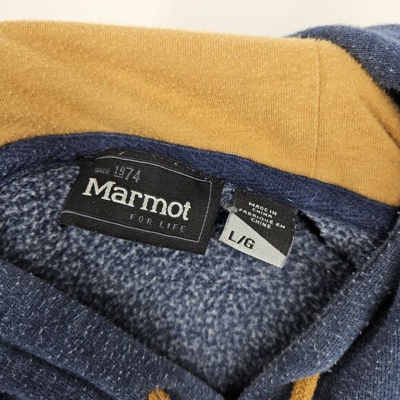 Marmot Hoodie Mens Large Blue Yellow Pullover Spell Out Logo Sweatshirt Outdoors - Picture 10 of 11
